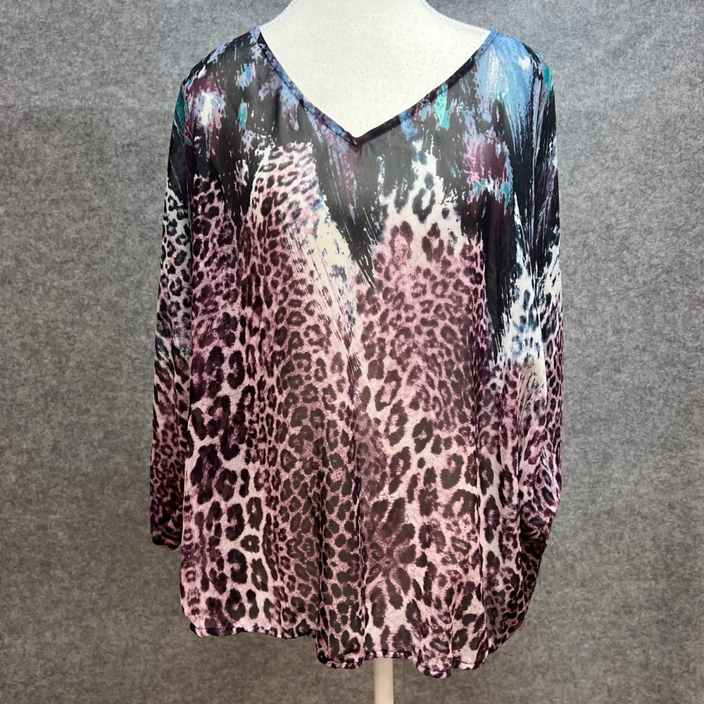 Jennifer Lopez Blouse Purple Leopard Abstract Sheer V-Neck Top Womens 0X